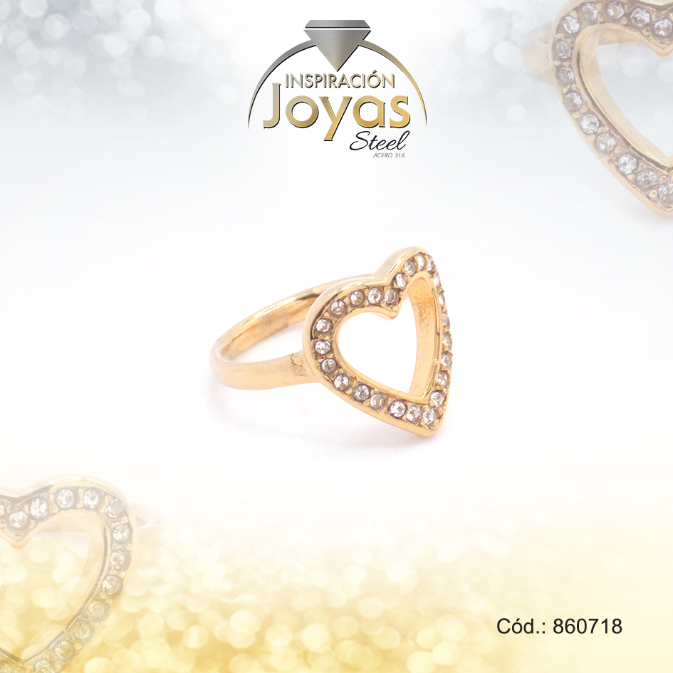 860718 Anillo de Acero Variado Circón Dorado Corazón Talla 6 - 860718 - Imagen 1