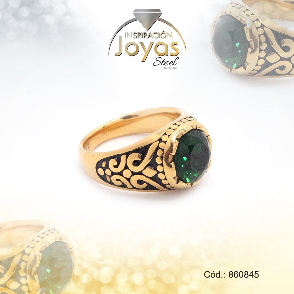 860845 Anillo de Acero Caballero Piedra Dorado Vintage VerdeTalla 11 - 860845 - Imagen 1