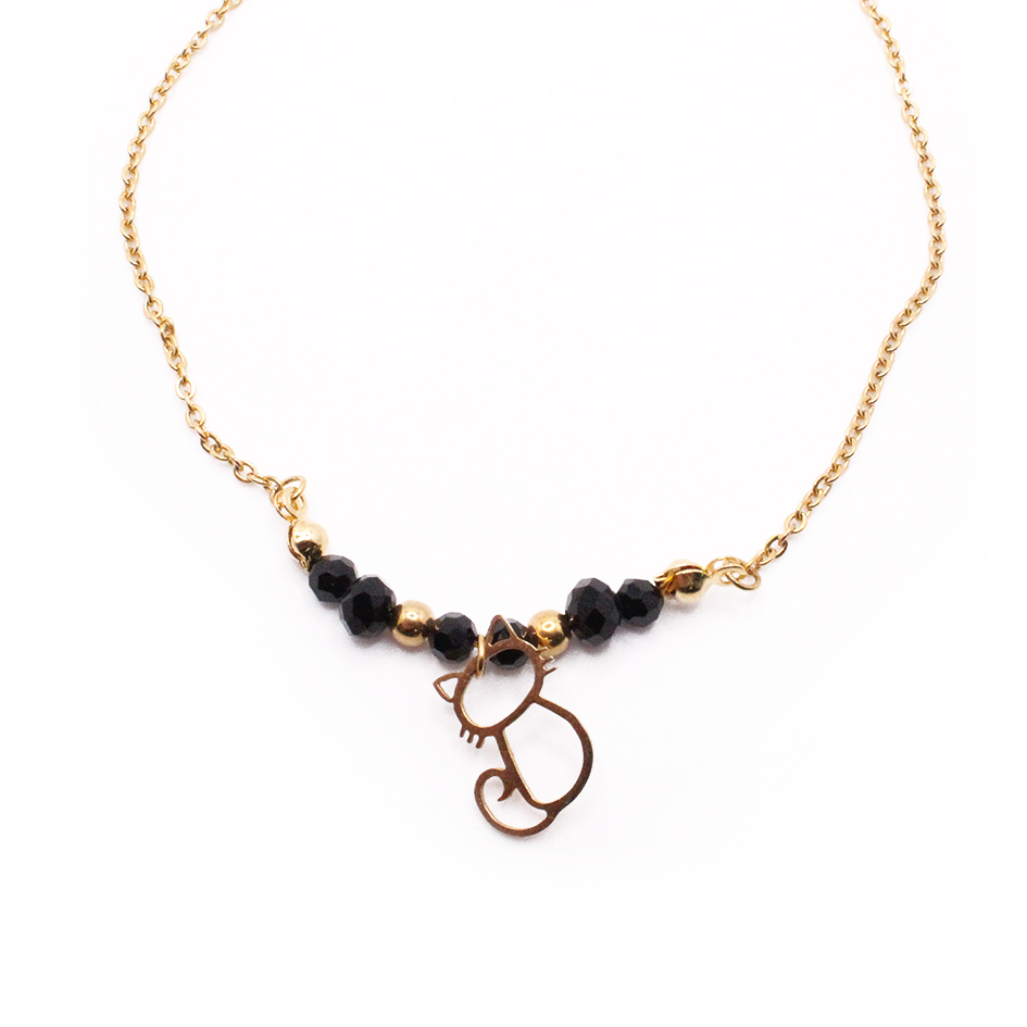 8054325 Tobillera de Acero Colgante Dorado Gato Piedra Negro Medida 25 cm - 8054325 - Imagen 1