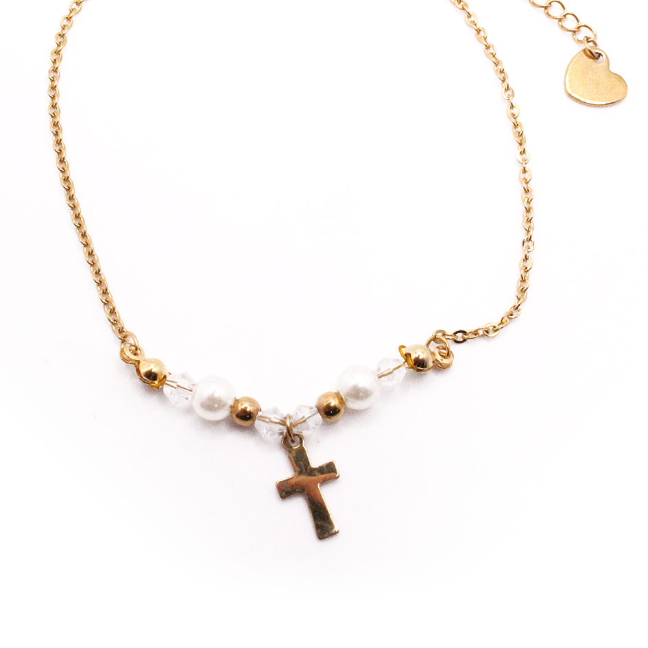 8055125 Tobillera de Acero Colgante Dorado Cruz Piedra Blanco Medida 25 cm - 8055125 - Imagen 1