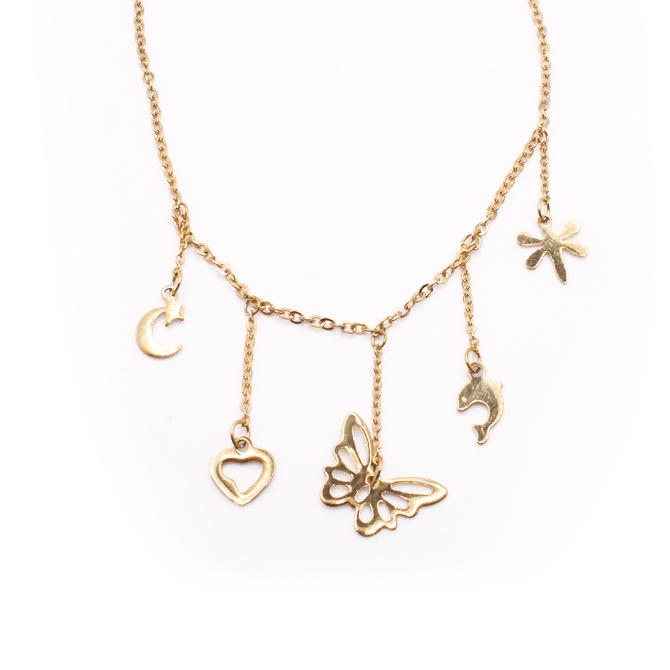 8055625 Tobillera de Acero Colgante Dorado Mariposa, Delfin, Libelula, Corazón, Luna Medida 25 cm - 8055625 - Imagen 1