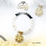 Pulsera de Acero Elástica Piedra Dorado Flor Blanco/Negro - 820065