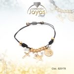 Pulsera de Acero Ajustable Hilo Negro Medalla, Cruz, Estrella Dorado - 820178