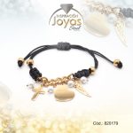 Pulsera de Acero Ajustable Hilo Negro Corazón, Cruz, Ala Dorado - 820179