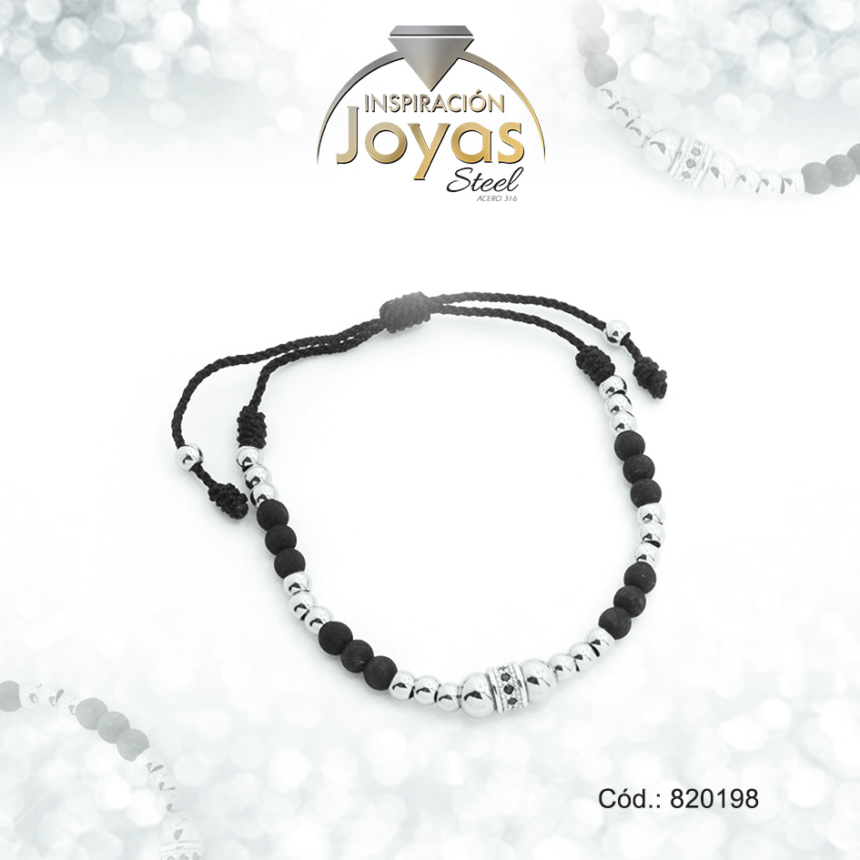 820198 Pulsera de Acero Ajustable Hilo Negro Esfera Plateado - 820198 - Imagen 1