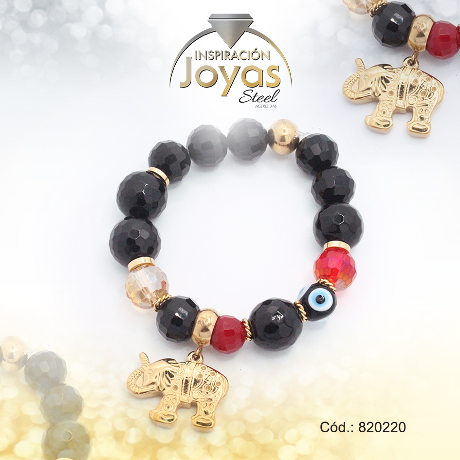820220 Pulsera de Acero Elástica Piedra Dorado Elefante Negro/Rojo - 820220 - Imagen 1