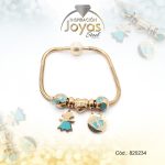 Pulsera de Acero Variado Esmalte Dorado Pandora Niña, Medalla Verde - 820234