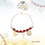 Pulsera de Acero Ajustable Hilo Dorado Corazón, Cruz, Árbol Rojo - 820243