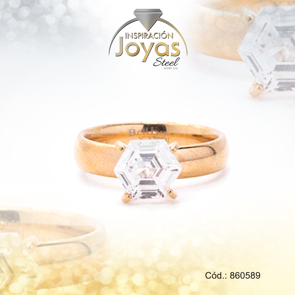 860589 Anillo de Acero Solitario Circón Dorado Hexágono Talla 8 - 860589 - Imagen 1