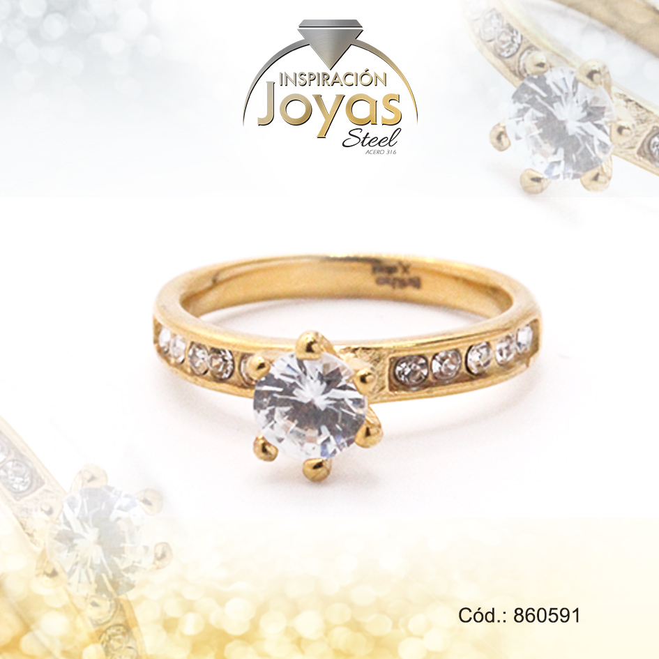 860591 Anillo de Acero Solitario Circón Dorado Círculo Talla 8 - 860591 - Imagen 1