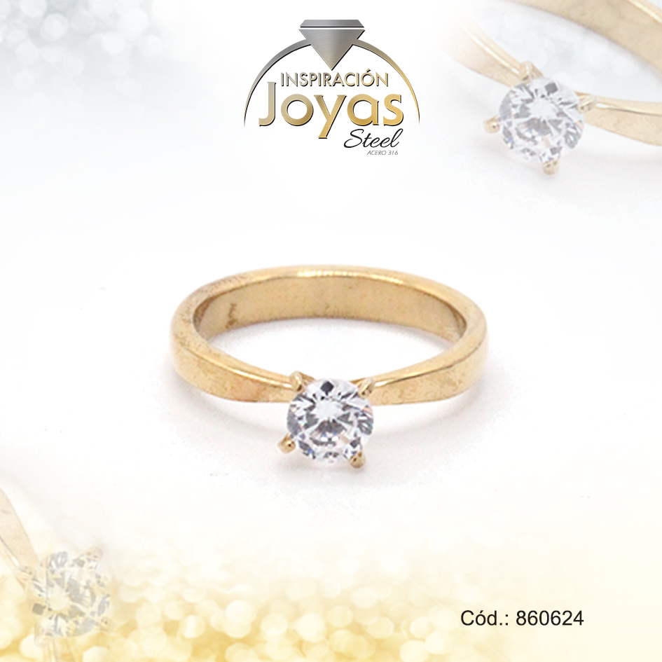 860624 Anillo de Acero Solitario Circón Dorado Círculo Talla 7 - 860624 - Imagen 1