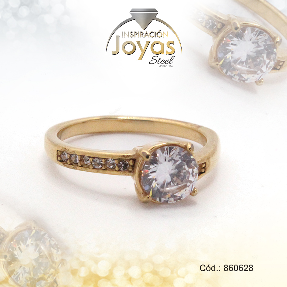 860628 Anillo de Acero Solitario Circón Dorado Círculo Talla 9 - 860628 - Imagen 1