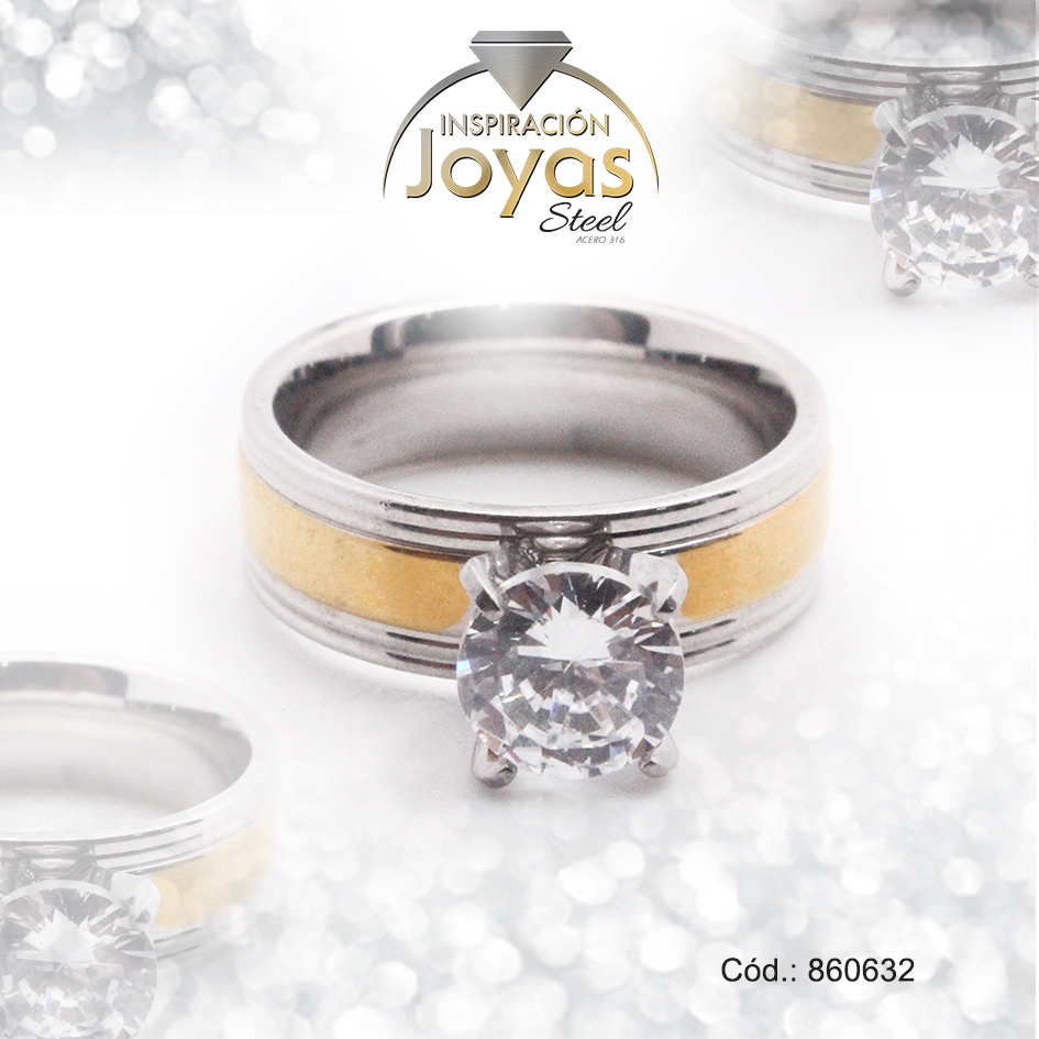 860632 Anillo de Acero Solitario Circón Dorado Círculo Talla 7 - 860632 - Imagen 1