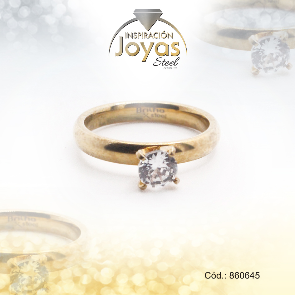 860645 Anillo de Acero Solitario Circón Dorado Círculo Talla 8 - 860645 - Imagen 1