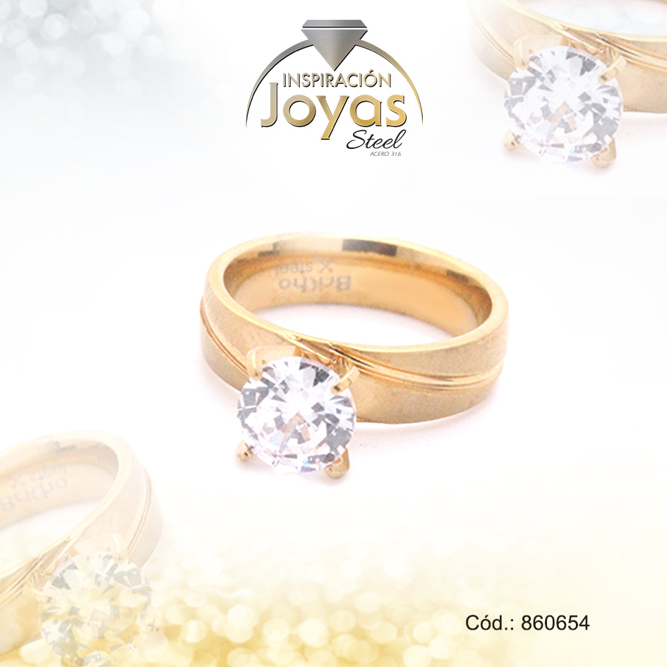 860654 Anillo de Acero Solitario Circón Dorado Círculo Talla 6 - 860654 - Imagen 1