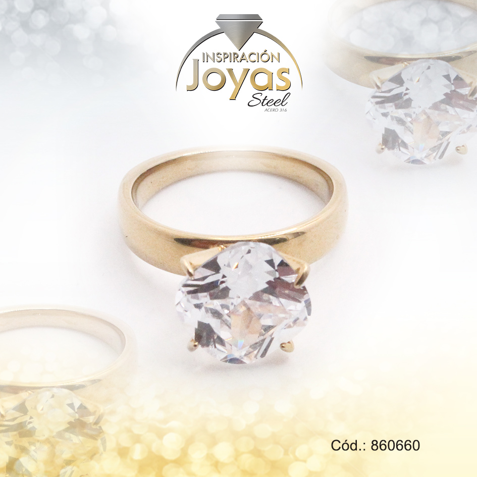 860660 Anillo de Acero Solitario Circón Dorado Círculo Talla 10 - 860660 - Imagen 1