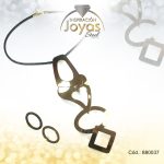 Conjunto de Acero Dama Cadena + Dije + Zarcillo Ovalo Dorado Cuero Negro - 880037