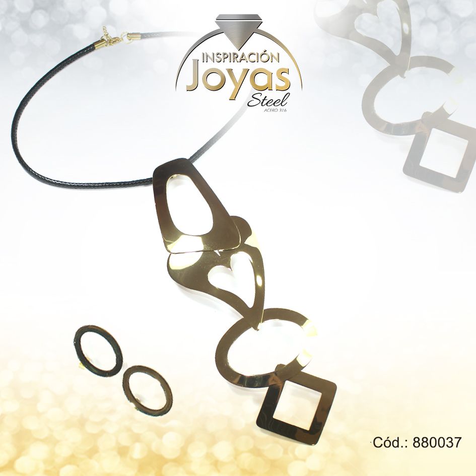 880037 Conjunto de Acero Dama Cadena + Dije + Zarcillo Ovalo Dorado Cuero Negro - 880037 - Imagen 1