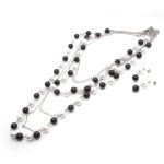 Conjunto de Acero Dama Gargantilla + Dije + Zarcillo Esferas Plateado Perla Blanco y Negro - 880041