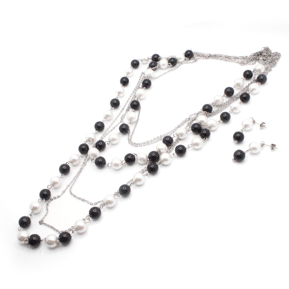880041 Conjunto de Acero Dama Gargantilla + Dije + Zarcillo Esferas Plateado Perla Blanco y Negro - 880041 - Imagen 1