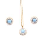 Conjunto de Acero Dama Cadena + Dije + Zarcillo Círculo Dorado Piedra Turquesa - 880061