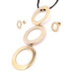 Conjunto de Acero Dama Cadena + Dije + Zarcillo Círculo Dorado Cuero Negro - 880085