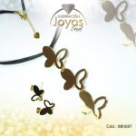 Conjunto de Acero Dama Cadena + Dije + Zarcillo Mariposa Dorado Cuero Negro - 880087