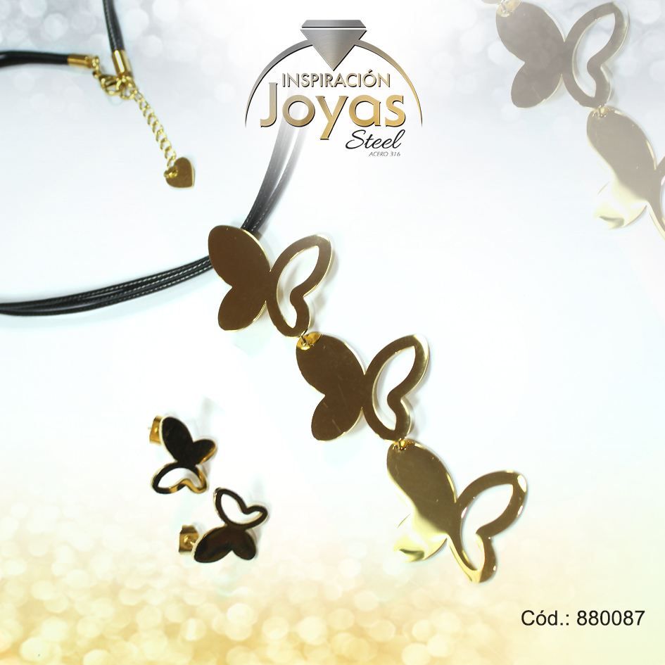 880087 Conjunto de Acero Dama Cadena + Dije + Zarcillo Mariposa Dorado Cuero Negro - 880087 - Imagen 1