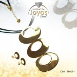 Conjunto de Acero Dama Cadena + Dije + Zarcillo Círculo Dorado Cuero Negro - 880091