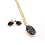 Conjunto de Acero Dama Cadena + Dije + Zarcillo Ovalo Dorado Piedra Negro - 880102
