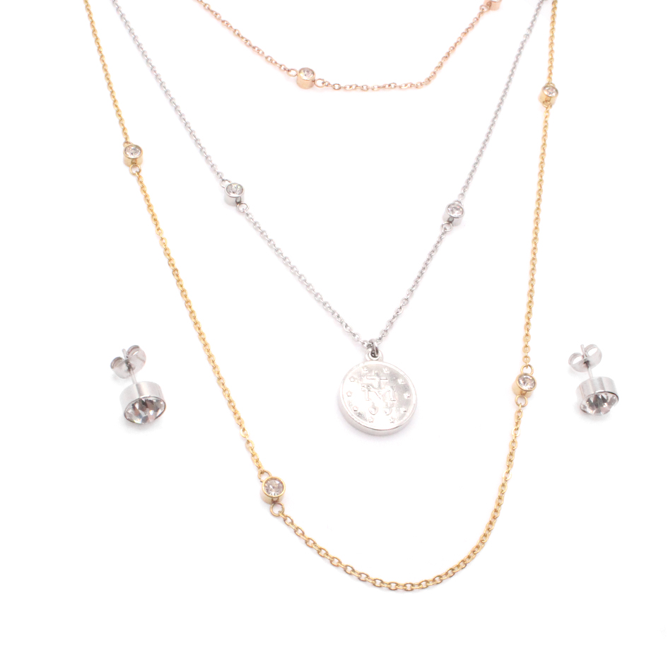 880103 Conjunto de Acero Dama Gargantilla + Dije + Zarcillo Solitario 3 Tonos Circón - 880103 - Imagen 1