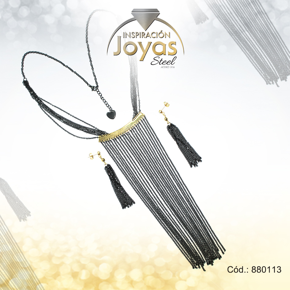 880113 Conjunto de Acero Dama Gargantilla + Zarcillo Cadenas Negro - 880113 - Imagen 1