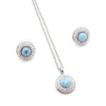 Conjunto de Acero Dama Cadena + Dije + Zarcillo Círculo Plateado Piedra Turquesa - 880132