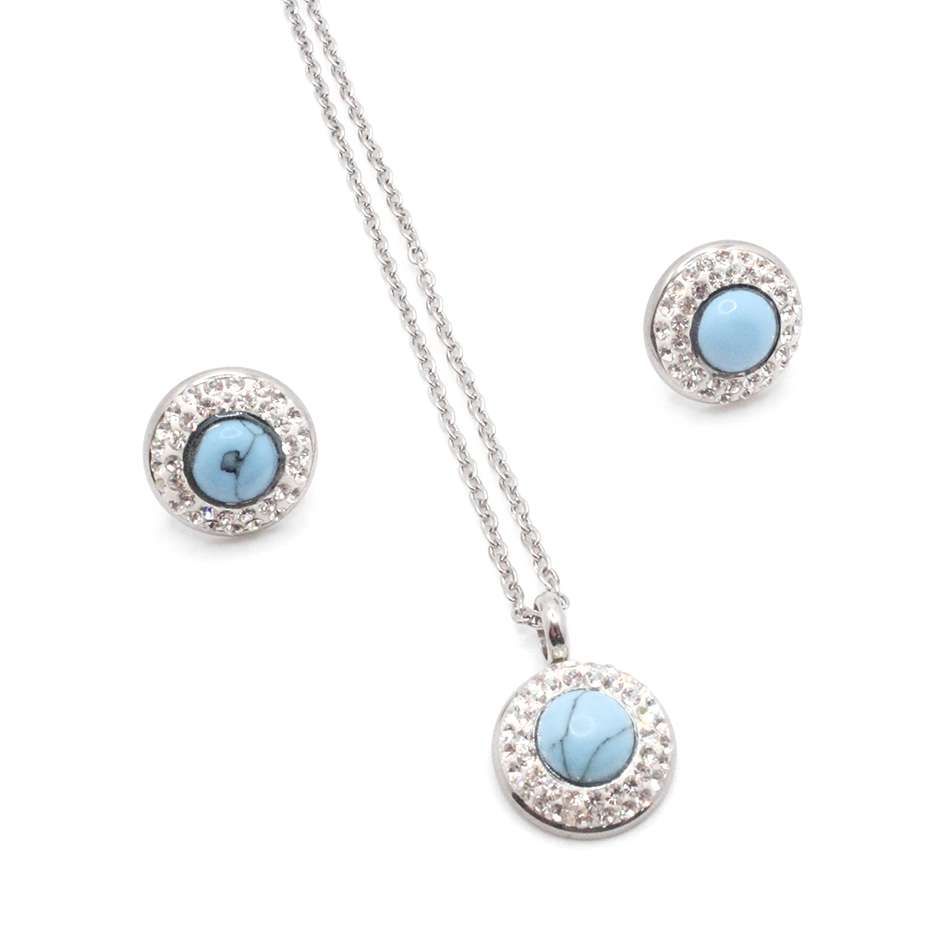 880132 Conjunto de Acero Dama Cadena + Dije + Zarcillo Círculo Plateado Piedra Turquesa - 880132 - Imagen 1