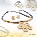 Conjunto de Acero Dama Cadena + Dije + Zarcillo Flor Dorado Cuero - 880201