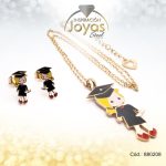 Conjunto de Acero Dama Cadena + Dije + Zarcillo Niña Graduación Dorado Esmalte Multi Color - 880208