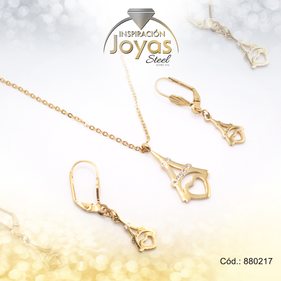 880217 Conjunto de Acero Dama Cadena + Dije + Zarcillo Torre Eiffel Dorado Circón - 880217 - Imagen 1