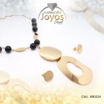 Conjunto de Acero Dama Cadena + Zarcillo Ovalo Dorado Piedra Negro - 880224