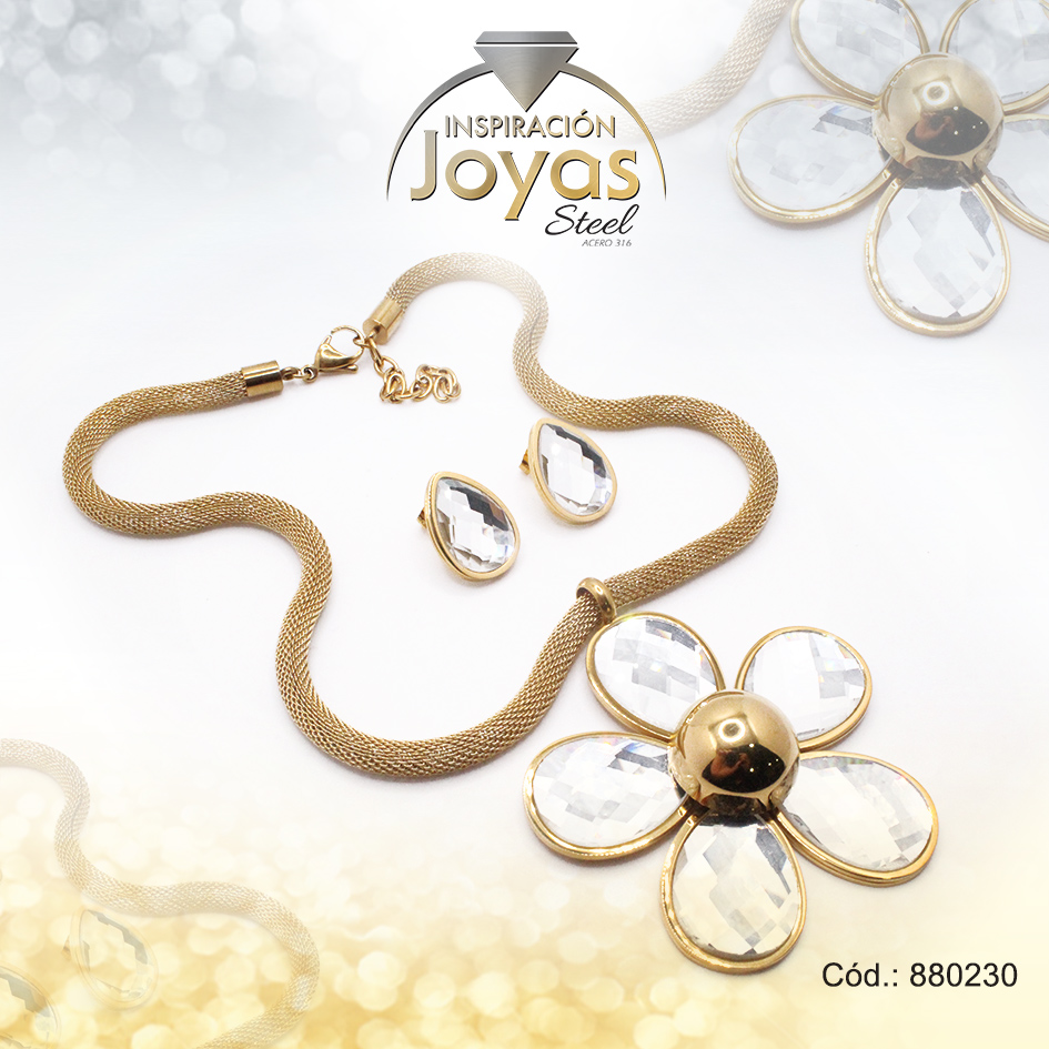 880230 Conjunto de Acero Dama Cadena + Dije + Zarcillo Flor Dorado Circón - 880230 - Imagen 1