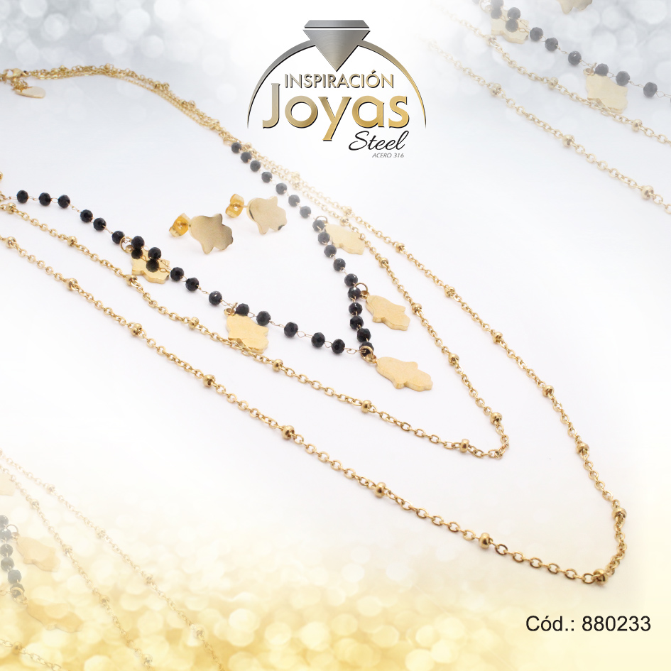 880233 Conjunto de Acero Dama Gargantilla + Zarcillo Mano de Fátima Dorado Piedra Negro - 880233 - Imagen 1