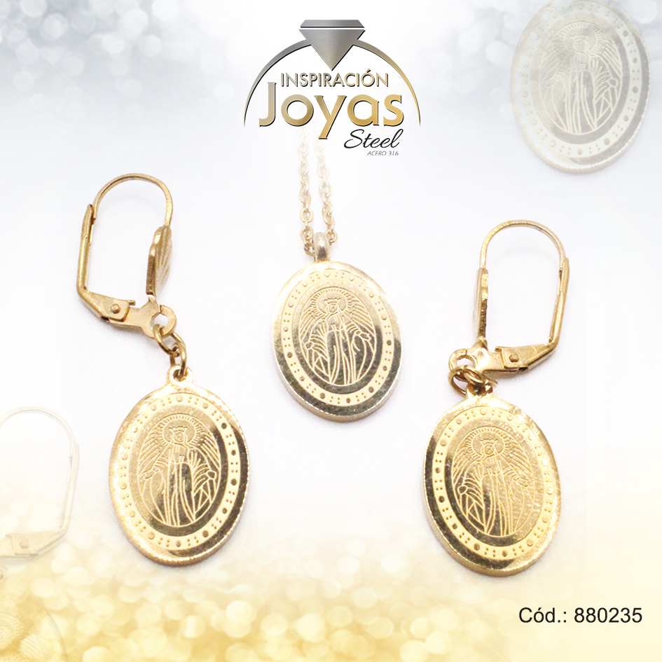 880235 Conjunto de Acero Dama Cadena + Dije + Zarcillo San Benito Dorado - 880235 - Imagen 1