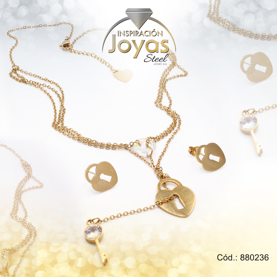 880236 Conjunto de Acero Dama Gargantilla + Dije + Zarcillo Corazón Dorado Circón - 880236 - Imagen 1