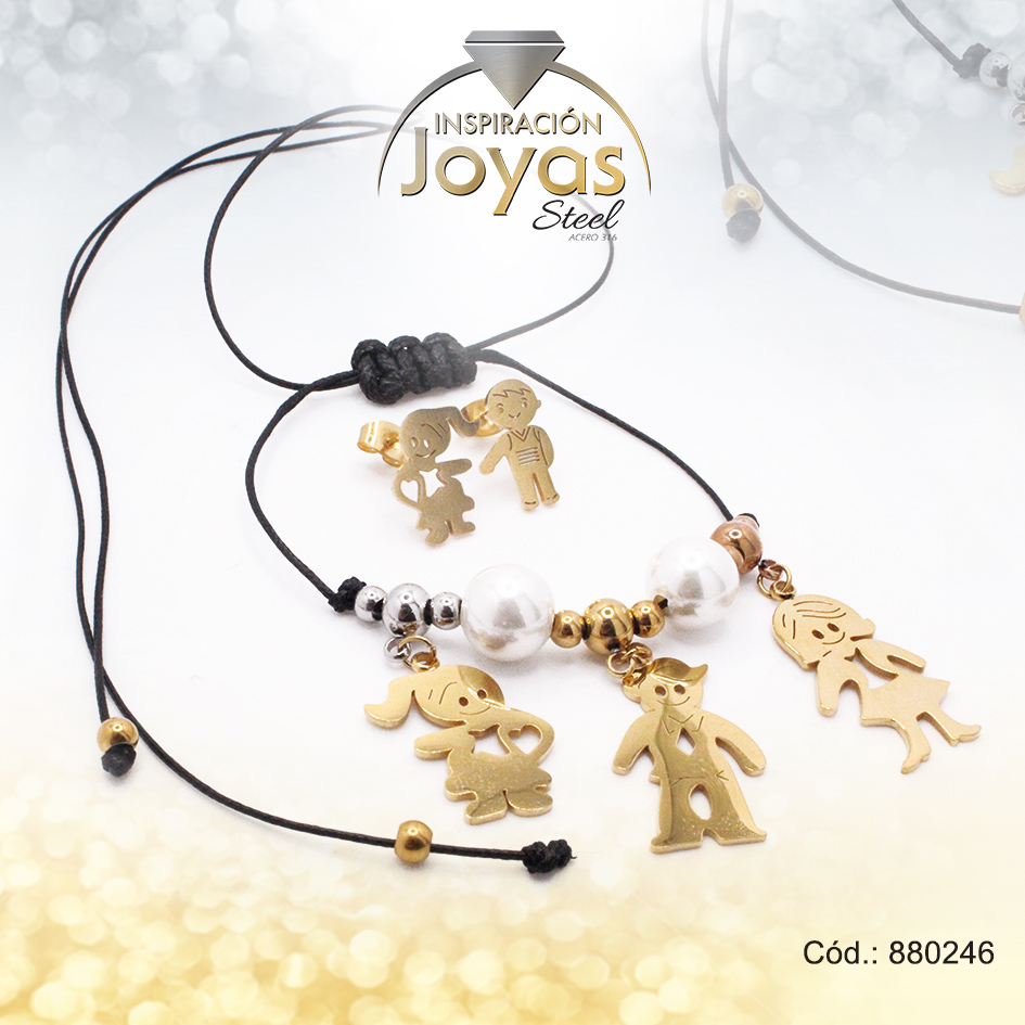 880246 Conjunto de Acero Dama Cadena + Dije + Zarcillo Niños 3 Tonos Cuero Negro - 880246 - Imagen 1