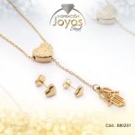Conjunto de Acero Dama Cadena + Dije + Zarcillo Mano de Fátima Dorado - 880251