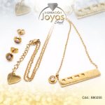 Conjunto de Acero Dama Cadena + Dije + Zarcillo Solitario Dorado Circón - 880255