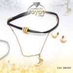 Conjunto de Acero Dama Gargantilla + Dije + Zarcillo Luna Dorado Cuero Negro - 880259