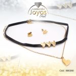 Conjunto de Acero Dama Gargantilla + Dije + Zarcillo Corazón Dorado Cuero Negro - 880260