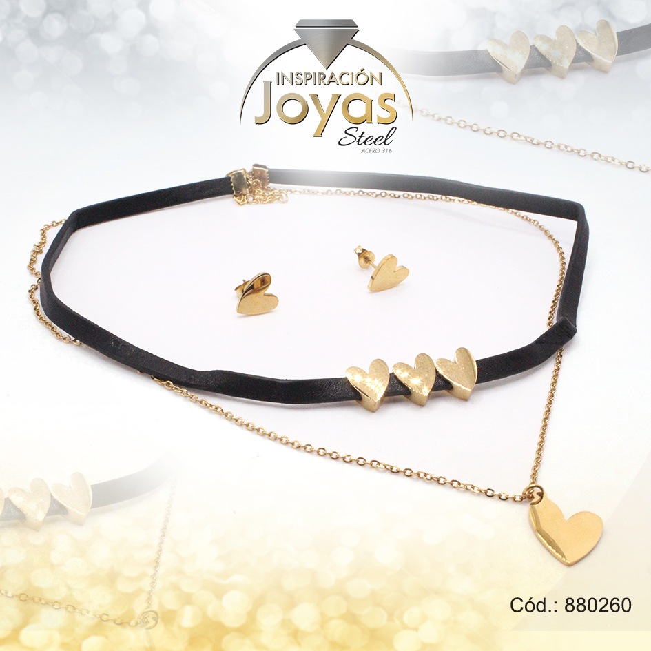 880260 Conjunto de Acero Dama Gargantilla + Dije + Zarcillo Corazón Dorado Cuero Negro - 880260 - Imagen 1