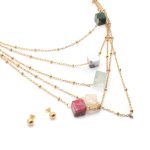 Conjunto de Acero Dama Gargantilla + Zarcillo Esfera Dorado Piedra Multi Color - 880269