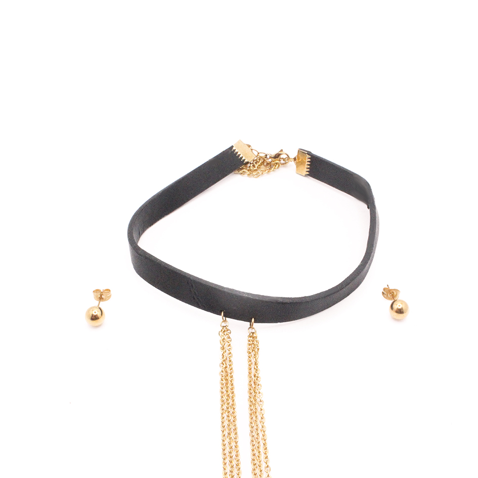 880270 Conjunto de Acero Dama Gargantilla + Zarcillo Esfera Dorado Cuero - 880270 - Imagen 1